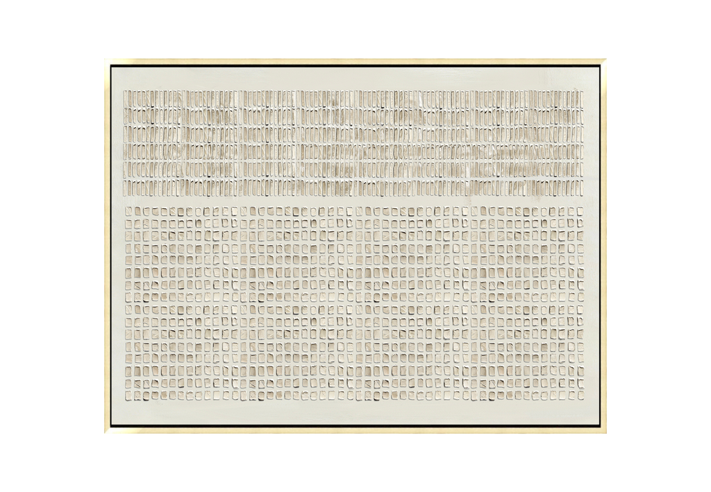 36x48 inch horizontal sculptural abstract painting titled Constructed Calm. The surface is covered in a meticulous, repeating grid of small, hand-formed square relief tiles in a monochromatic ivory and soft cream palette.