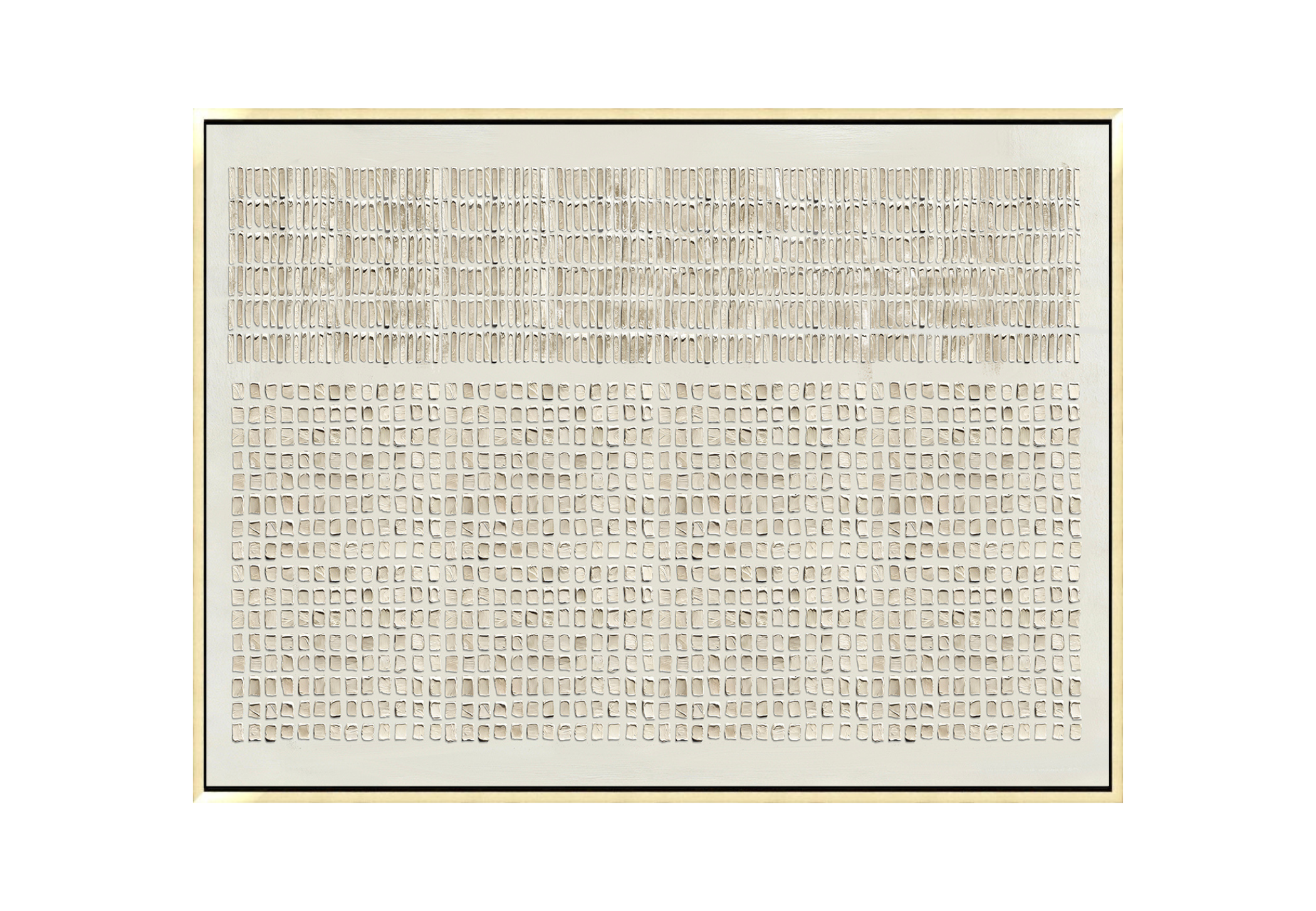 36x48 inch horizontal sculptural abstract painting titled Constructed Calm. The surface is covered in a meticulous, repeating grid of small, hand-formed square relief tiles in a monochromatic ivory and soft cream palette.
