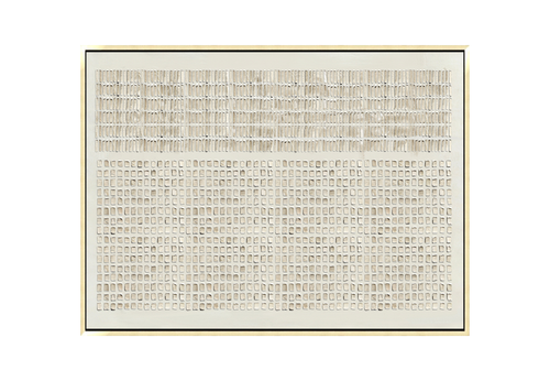 36x48 inch horizontal sculptural abstract painting titled Constructed Calm. The surface is covered in a meticulous, repeating grid of small, hand-formed square relief tiles in a monochromatic ivory and soft cream palette.