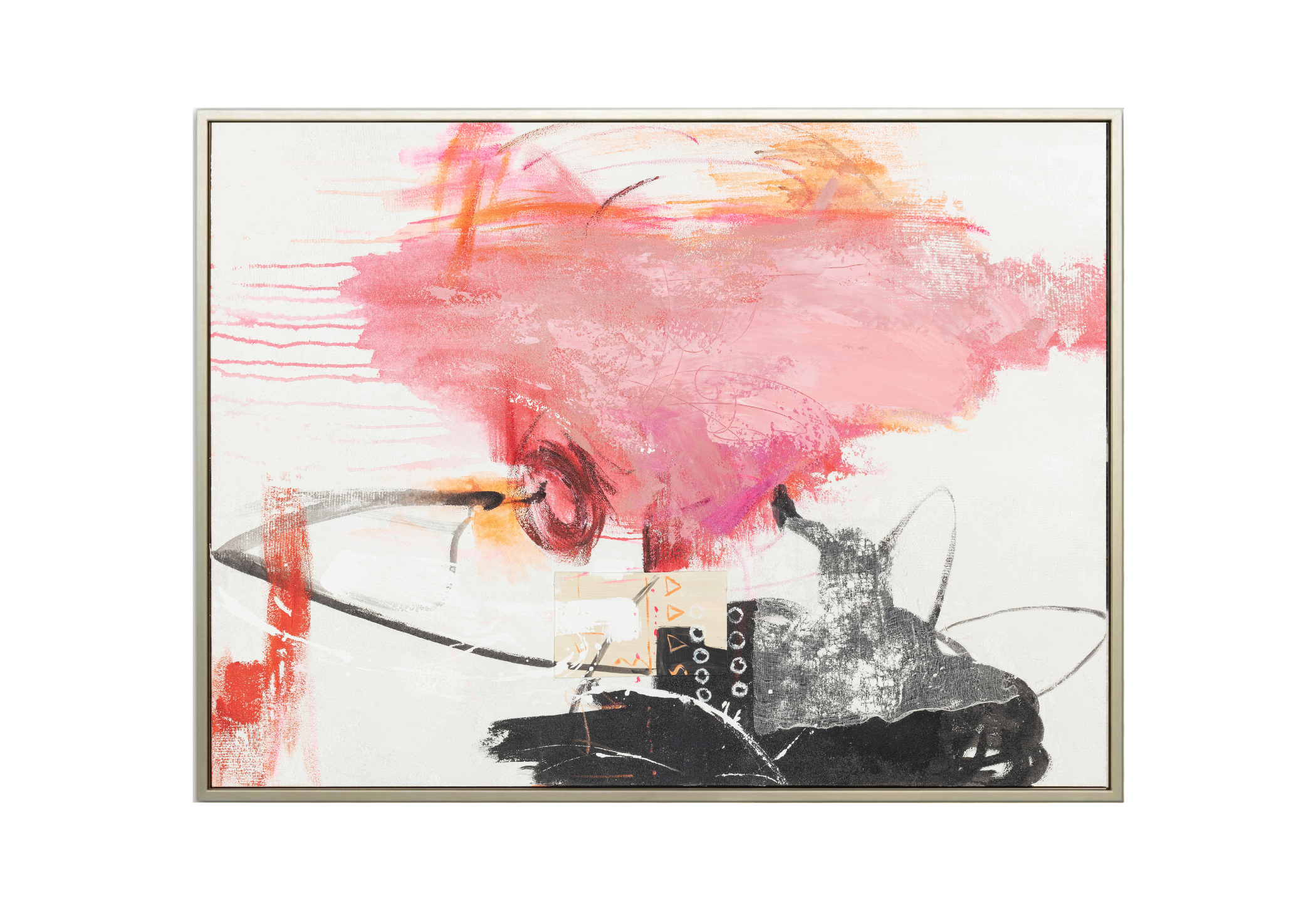 Large 36x48 inch abstract painting titled Echo City. Modern composition featuring a bold pink color field contrasted with black, charcoal, and white gestural marks.