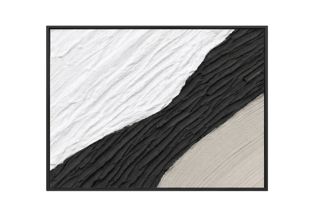 36x48 inch vertical abstract painting titled Frozen Current. Features thick, diagonal impasto ridges and heavy sculptural textures in charcoal grey, warm sand, and white, creating a sense of rhythmic, flowing motion.