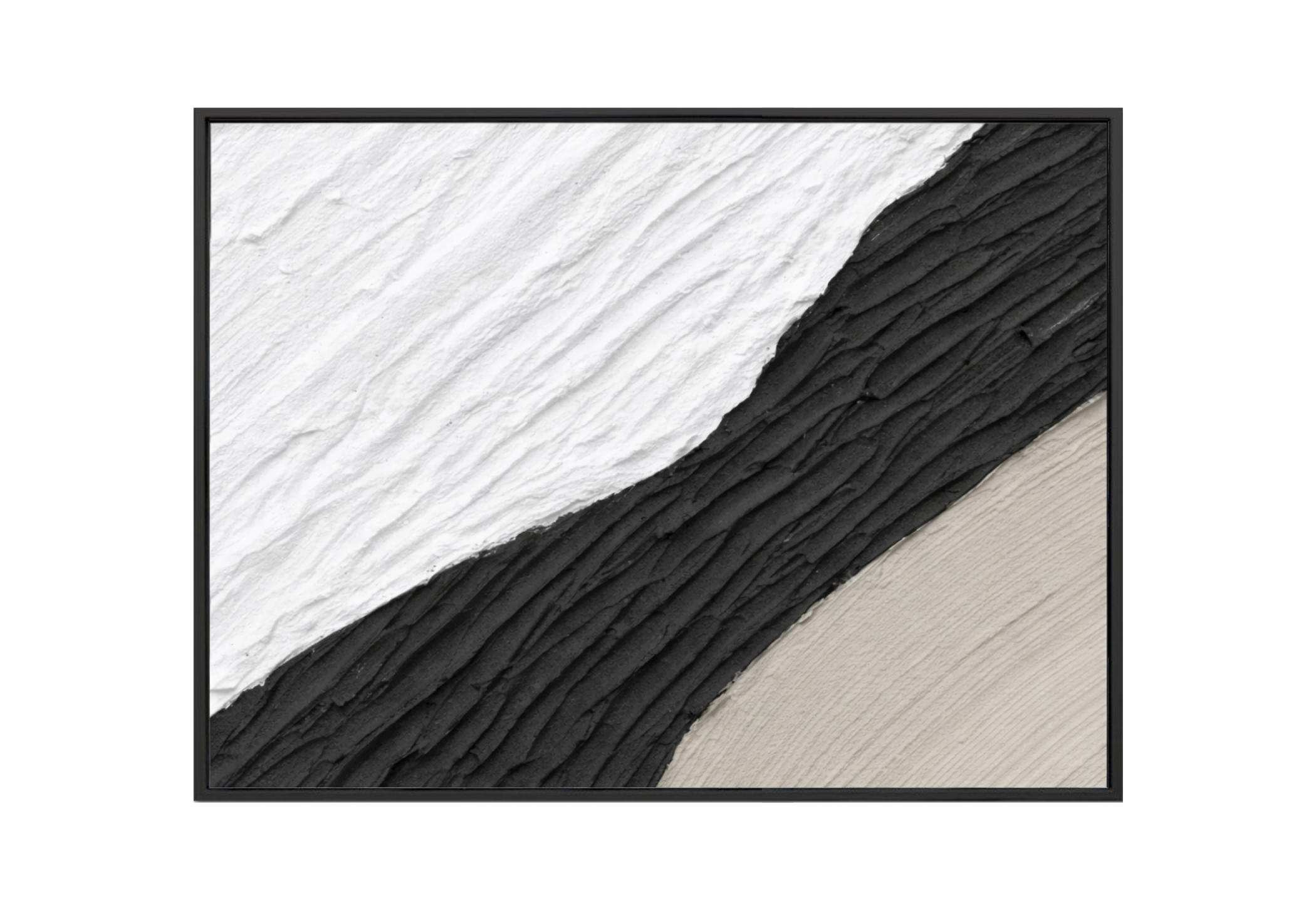 36x48 inch vertical abstract painting titled Frozen Current. Features thick, diagonal impasto ridges and heavy sculptural textures in charcoal grey, warm sand, and white, creating a sense of rhythmic, flowing motion.