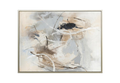 Large 36x48 inch abstract painting titled Morning Static. A soft, atmospheric composition with blended grey and tan tones overlaid with expressive white and black lines.