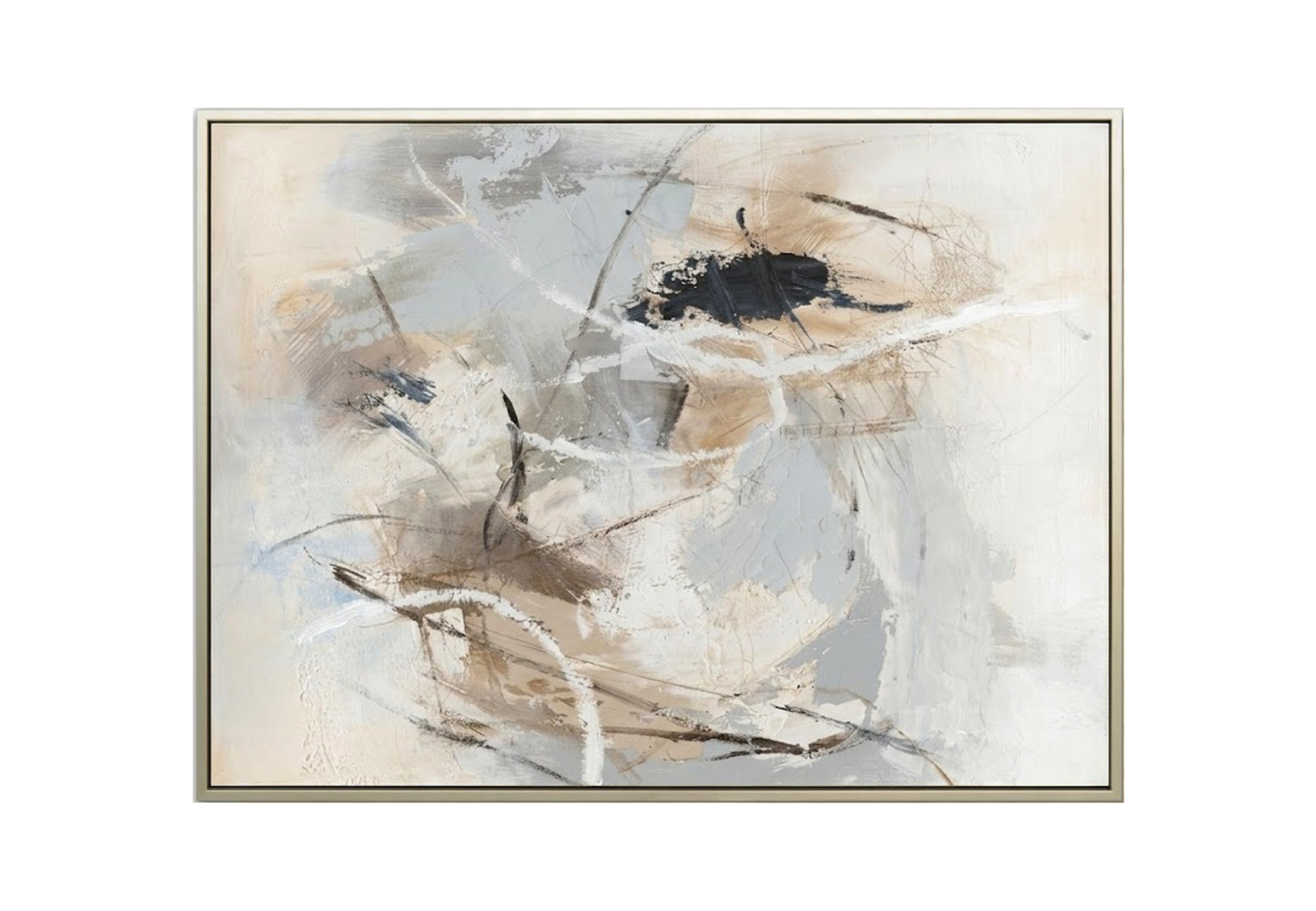 Large 36x48 inch abstract painting titled Morning Static. A soft, atmospheric composition with blended grey and tan tones overlaid with expressive white and black lines.