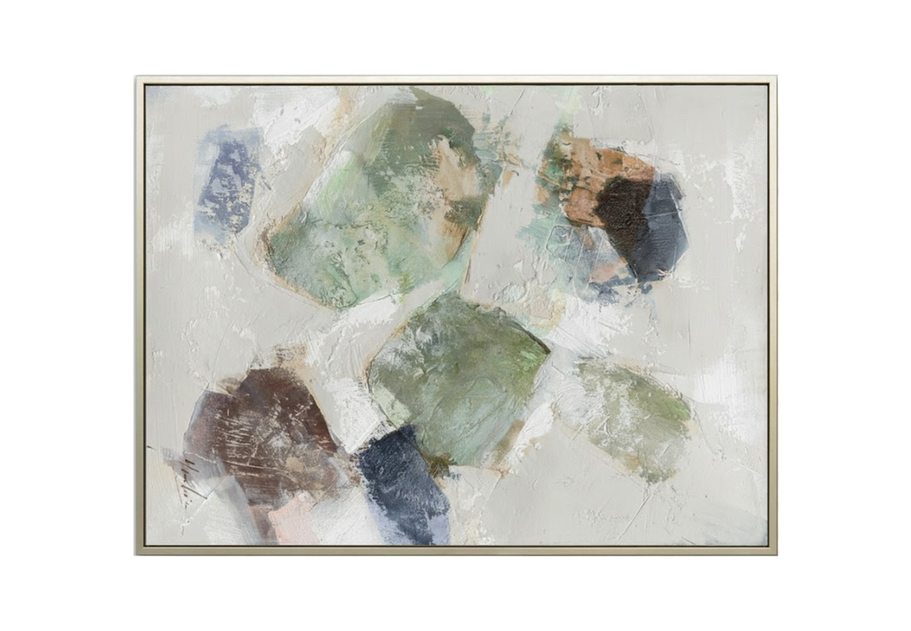 36x48 inch vertical abstract painting titled Mossy Strata. Features floating, rounded geometric shapes in moss green, navy blue, and sienna orange over a distressed, neutral cream and grey background with visible painterly texture.