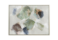 36x48 inch vertical abstract painting titled Mossy Strata. Features floating, rounded geometric shapes in moss green, navy blue, and sienna orange over a distressed, neutral cream and grey background with visible painterly texture.