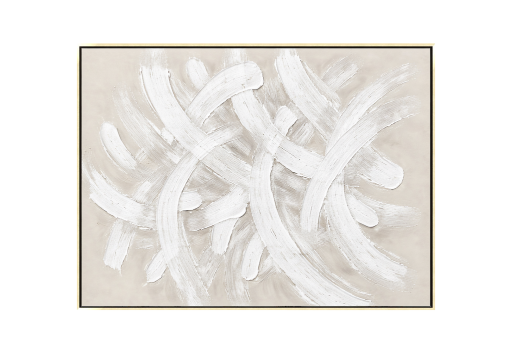 36x48 inch horizontal abstract painting titled Sandy Gale. Features dynamic, sweeping white impasto brushstrokes that overlap in a rhythmic, wave-like pattern across a soft, matte sand and beige-toned background.