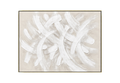 36x48 inch horizontal abstract painting titled Sandy Gale. Features dynamic, sweeping white impasto brushstrokes that overlap in a rhythmic, wave-like pattern across a soft, matte sand and beige-toned background.