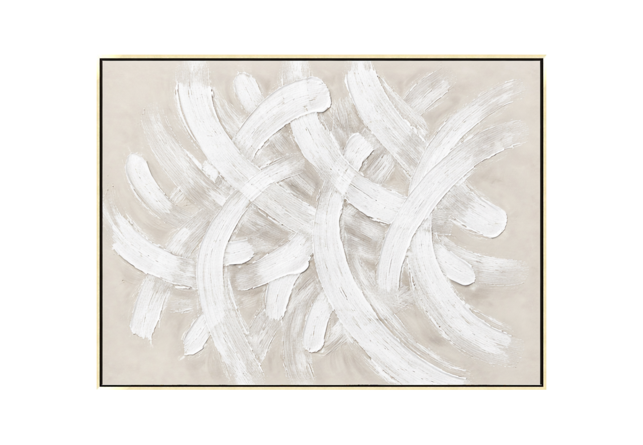 36x48 inch horizontal abstract painting titled Sandy Gale. Features dynamic, sweeping white impasto brushstrokes that overlap in a rhythmic, wave-like pattern across a soft, matte sand and beige-toned background.