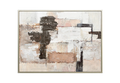 36x48 inch vertical mixed media abstract painting titled Woven Thread. Features raw, frayed burlap fabric patches integrated into a heavily textured surface of plaster white, warm sand, and deep charcoal grey gesso.