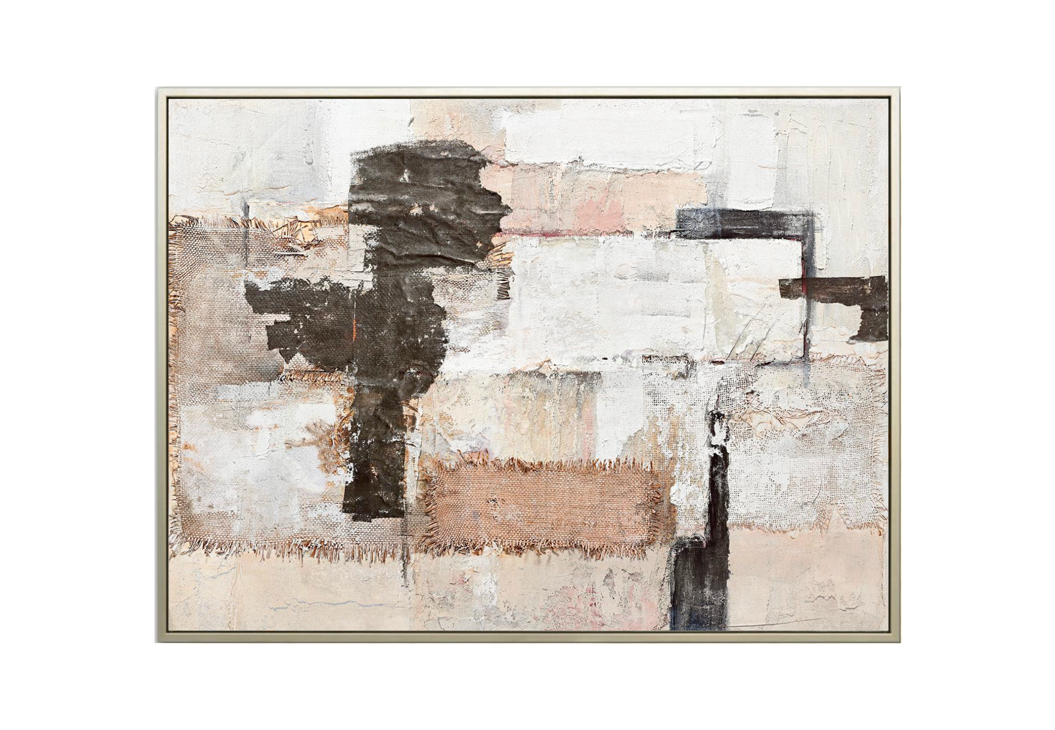 36x48 inch vertical mixed media abstract painting titled Woven Thread. Features raw, frayed burlap fabric patches integrated into a heavily textured surface of plaster white, warm sand, and deep charcoal grey gesso.