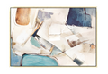 40x60 inch horizontal abstract painting titled Azure Visions. A dynamic composition featuring layered blocks of cerulean blue, soft teal, and sienna with shimmering copper leaf and fluid white gestural lines on a bright cream ground.
