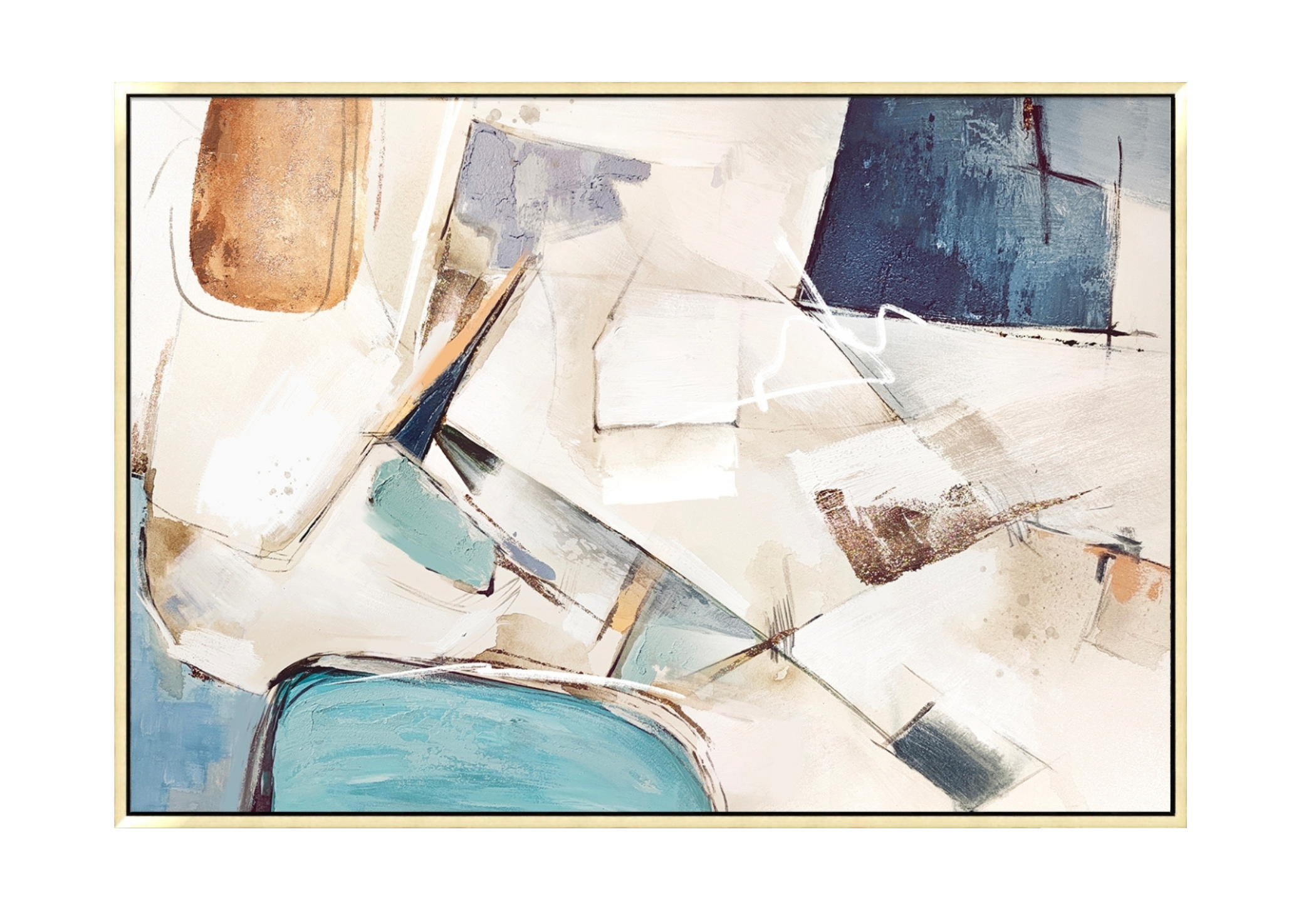 40x60 inch horizontal abstract painting titled Azure Visions. A dynamic composition featuring layered blocks of cerulean blue, soft teal, and sienna with shimmering copper leaf and fluid white gestural lines on a bright cream ground.