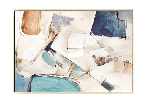 40x60 inch horizontal abstract painting titled Azure Visions. A dynamic composition featuring layered blocks of cerulean blue, soft teal, and sienna with shimmering copper leaf and fluid white gestural lines on a bright cream ground.