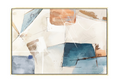 40x60 inch horizontal abstract painting titled Coastal Geometry. Features a balanced composition of teal, slate blue, and terracotta blocks with shimmering copper leaf accents and expressive white gestural lines on a cream background.