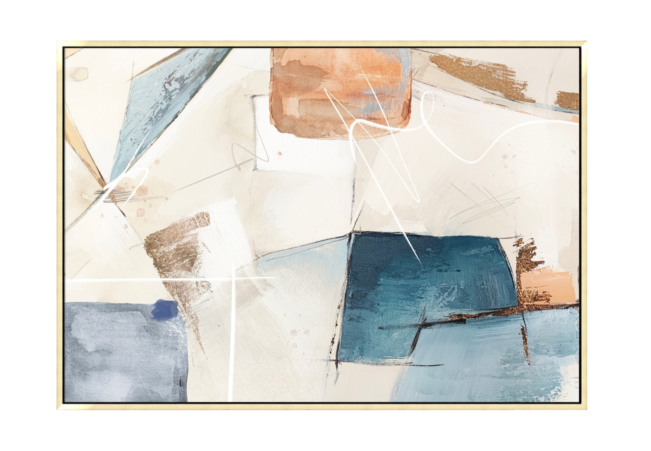 40x60 inch horizontal abstract painting titled Coastal Geometry. Features a balanced composition of teal, slate blue, and terracotta blocks with shimmering copper leaf accents and expressive white gestural lines on a cream background.