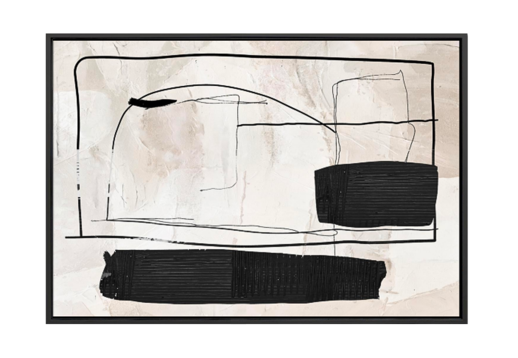 40x60 inch vertical minimalist abstract painting titled Drafted Form I. Features a bold, chiseled obsidian-black block at the base with delicate, fine-line charcoal "blueprint" sketches rising upward on a heavily textured, off-white gesso background.