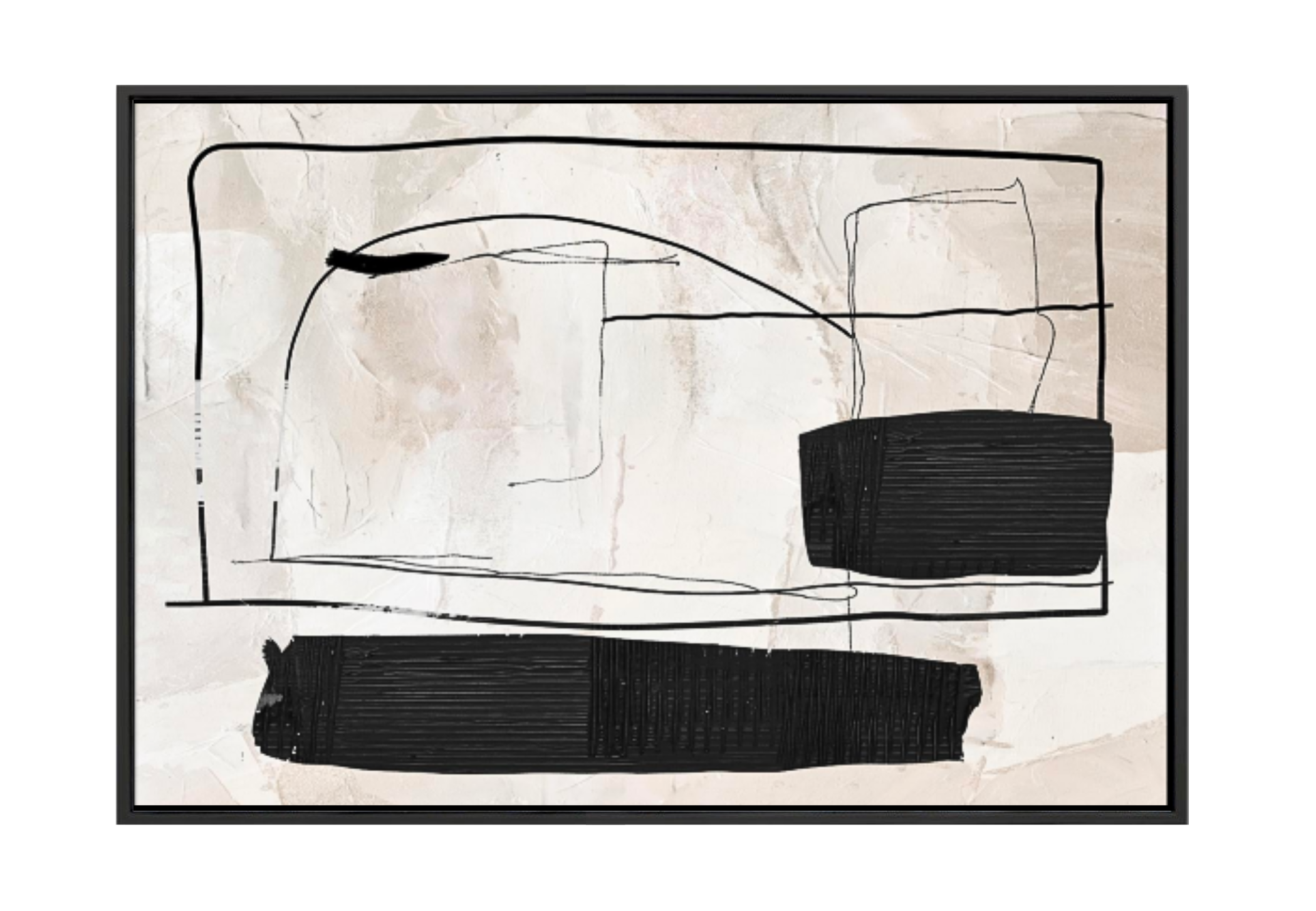 40x60 inch vertical minimalist abstract painting titled Drafted Form I. Features a bold, chiseled obsidian-black block at the base with delicate, fine-line charcoal "blueprint" sketches rising upward on a heavily textured, off-white gesso background.