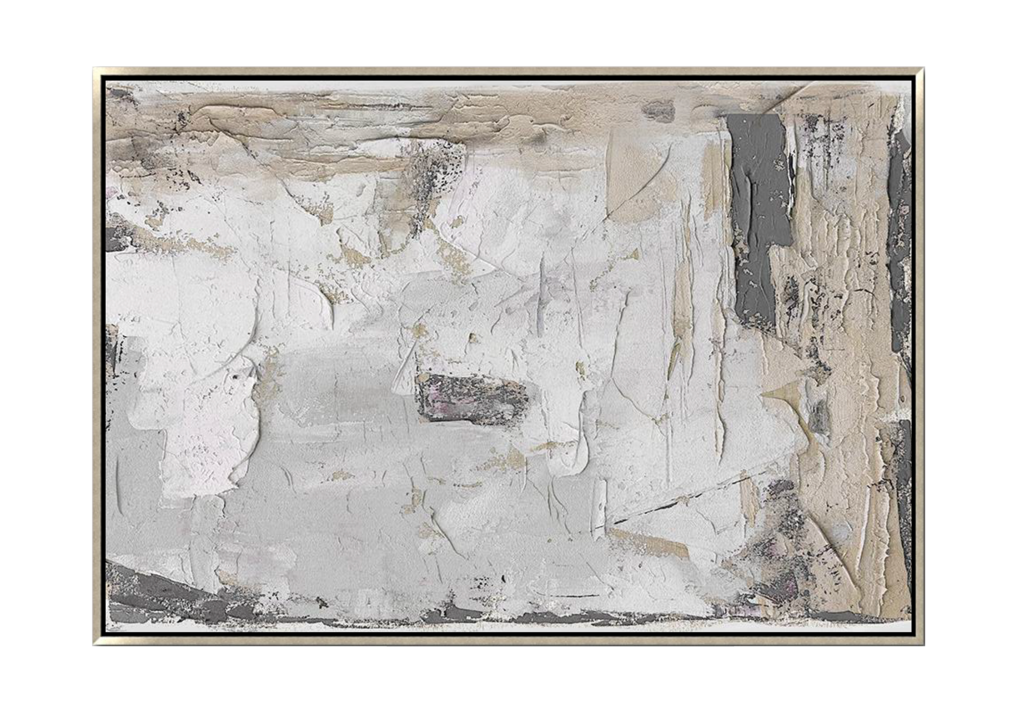 40x60 inch vertical textural abstract painting titled Fresco Fragment. Features a heavily distressed surface with layers of concrete grey, ivory plaster, and sandy beige, mimicking the appearance of a weathered ancient wall or eroded stone.