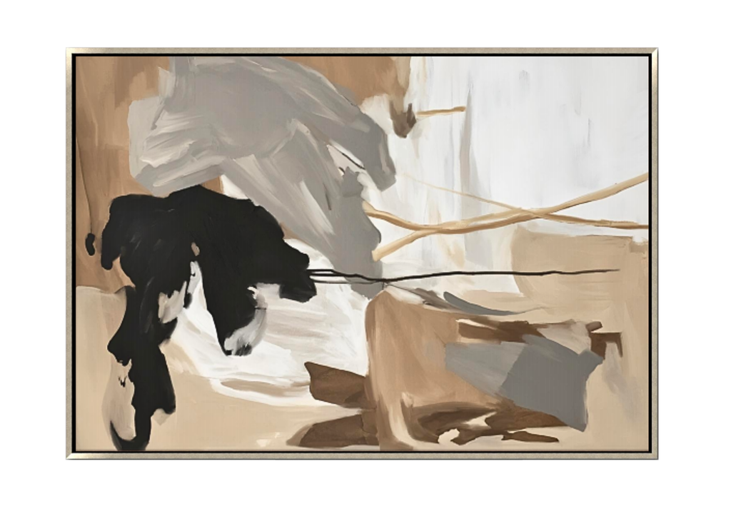 40x60 inch vertical abstract painting titled Grounded Flow II. Features multiple sweeping, fluid black gestural lines that arc across the lower and central sections of the canvas over a layered background of warm toasted sienna, soft grey, and cream.