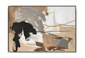 40x60 inch vertical abstract painting titled Grounded Flow II. Features multiple sweeping, fluid black gestural lines that arc across the lower and central sections of the canvas over a layered background of warm toasted sienna, soft grey, and cream.