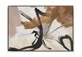 40x60 inch vertical abstract painting titled Grounded Flow I. Features a bold, sweeping black gestural line that arcs across the upper half of the canvas over a rich, textured background of warm toasted sienna, soft grey, and cream.