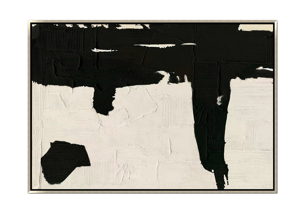 40x60 inch vertical abstract painting titled Grounded Stroke. Features thick, architectural blocks of black impasto paint arranged in a totem-like vertical structure. The background is a heavily textured, raked cream and ivory surface with deep physical grooves.