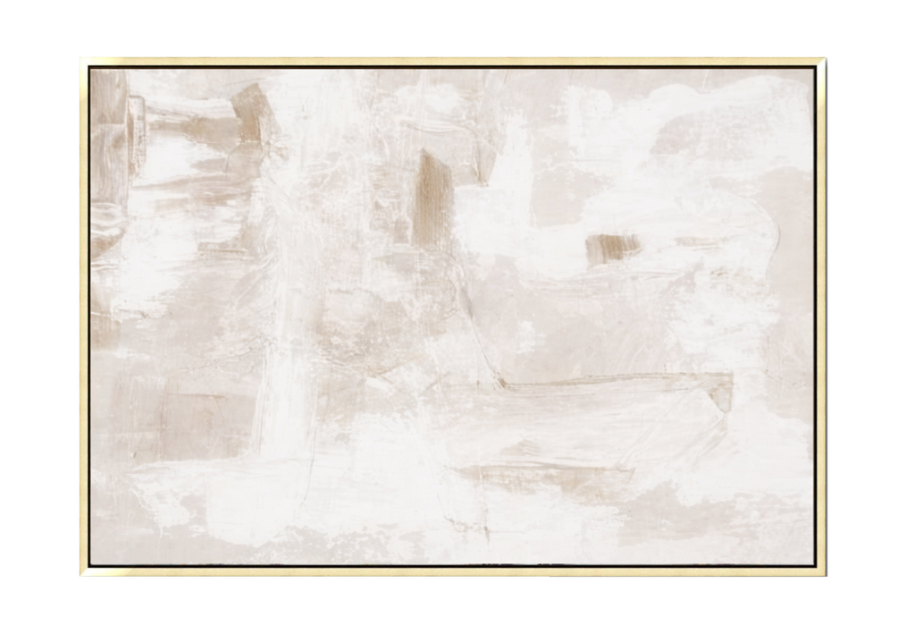 40x60 inch horizontal abstract painting titled Morning Mist. The composition features soft, overlapping washes of white, cream, and champagne with subtle, cloud-like textures and ethereal gradients on a bright, multi-layered background.