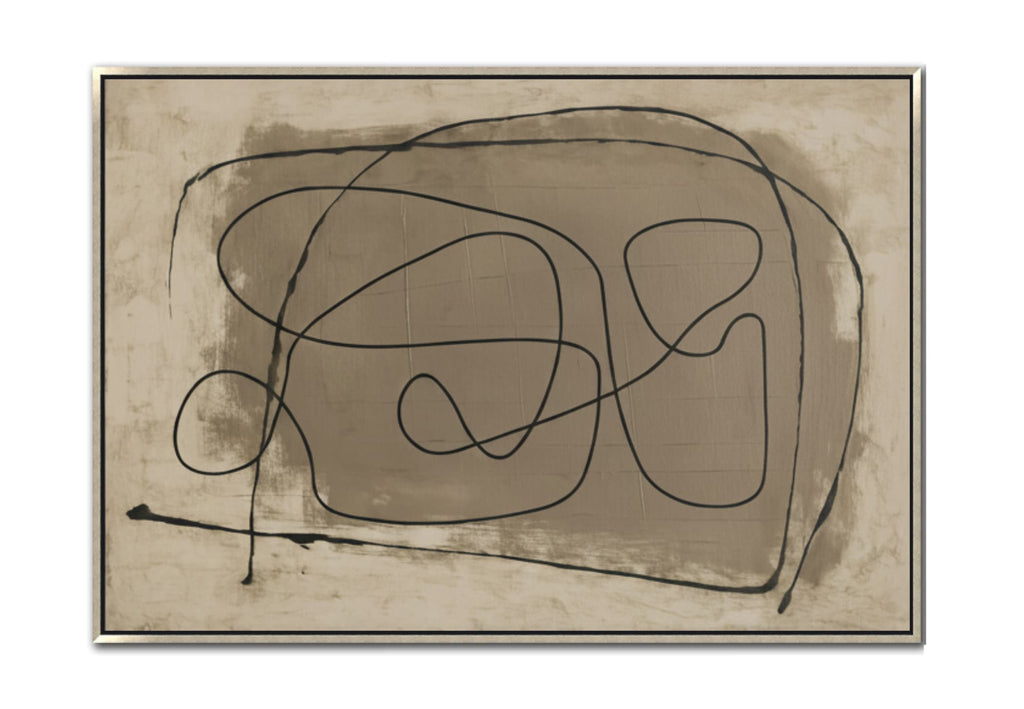 Large abstract painting, continuous black line art on beige background, minimalist linear canvas wall decor.