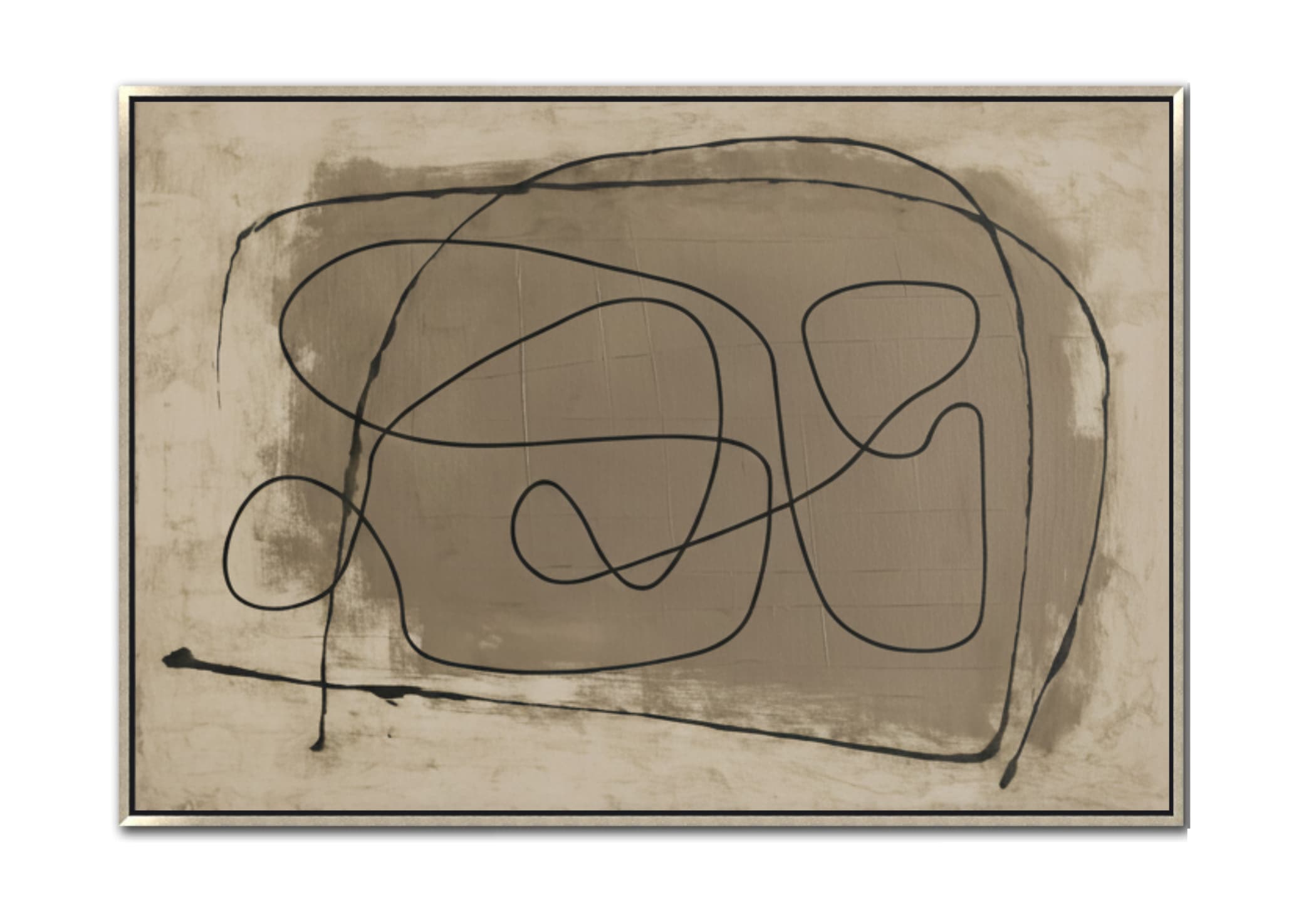 Large abstract painting, continuous black line art on beige background, minimalist linear canvas wall decor.