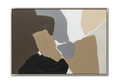 40x60 inch horizontal abstract painting titled Urban Clay. Features interlocking, rounded organic shapes in cocoa brown, charcoal, and slate grey with heavy impasto texture on a multi-layered neutral background.
