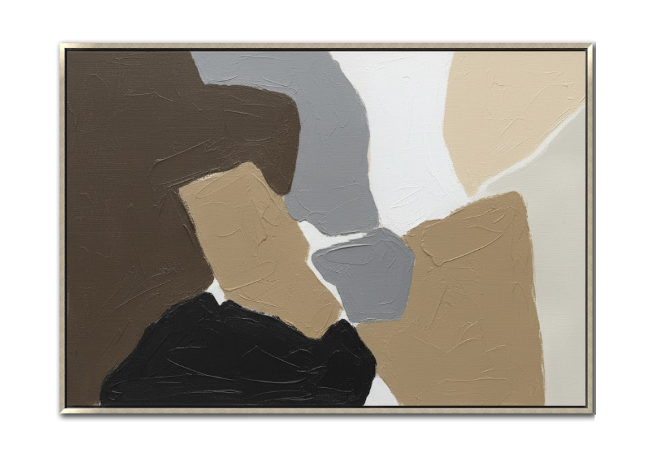 40x60 inch horizontal abstract painting titled Urban Clay. Features interlocking, rounded organic shapes in cocoa brown, charcoal, and slate grey with heavy impasto texture on a multi-layered neutral background.