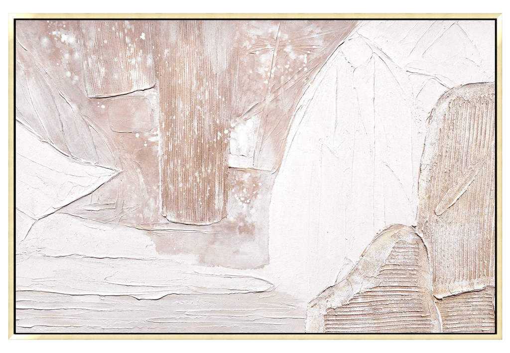 Large 48x72 inch vertical abstract painting titled Almond Strata. Features a monochromatic, high-relief composition of warm cream, toasted almond, and pale plaster tones with architectural raked lines and organic, stone-like textural clusters.