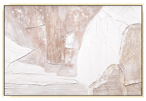 Large 48x72 inch vertical abstract painting titled Almond Strata. Features a monochromatic, high-relief composition of warm cream, toasted almond, and pale plaster tones with architectural raked lines and organic, stone-like textural clusters.