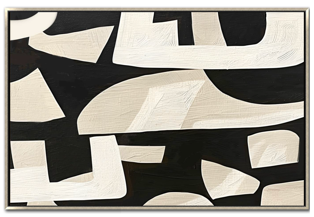 Large 48x72 inch vertical abstract painting titled Basalt Grid. Features a rigid, architectural composition of large, rectangular blocks in charcoal black and off-white, with heavy impasto texture and a sculptural, chiseled finish.
