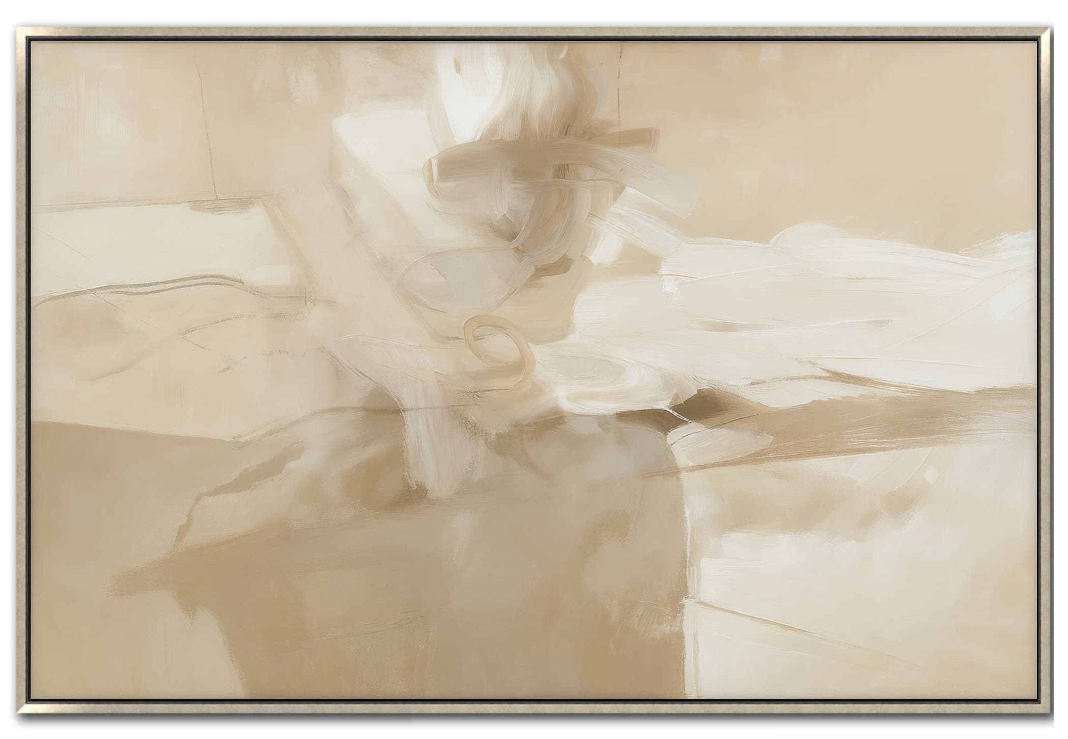 Large abstract painting, soft champagne and beige tones, ethereal misty texture, warm neutral canvas art for calming decor.