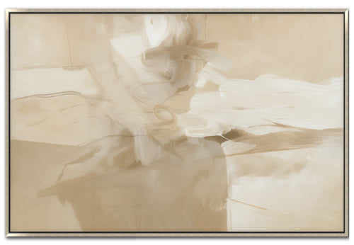 Large abstract painting, soft champagne and beige tones, ethereal misty texture, warm neutral canvas art for calming decor.