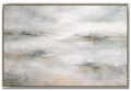 Large 48x72 inch horizontal abstract painting titled Coastal Haze. Features soft, misty horizontal washes of sage green, seafoam, and pale gold with a distressed, vintage-inspired texture on a warm cream background.