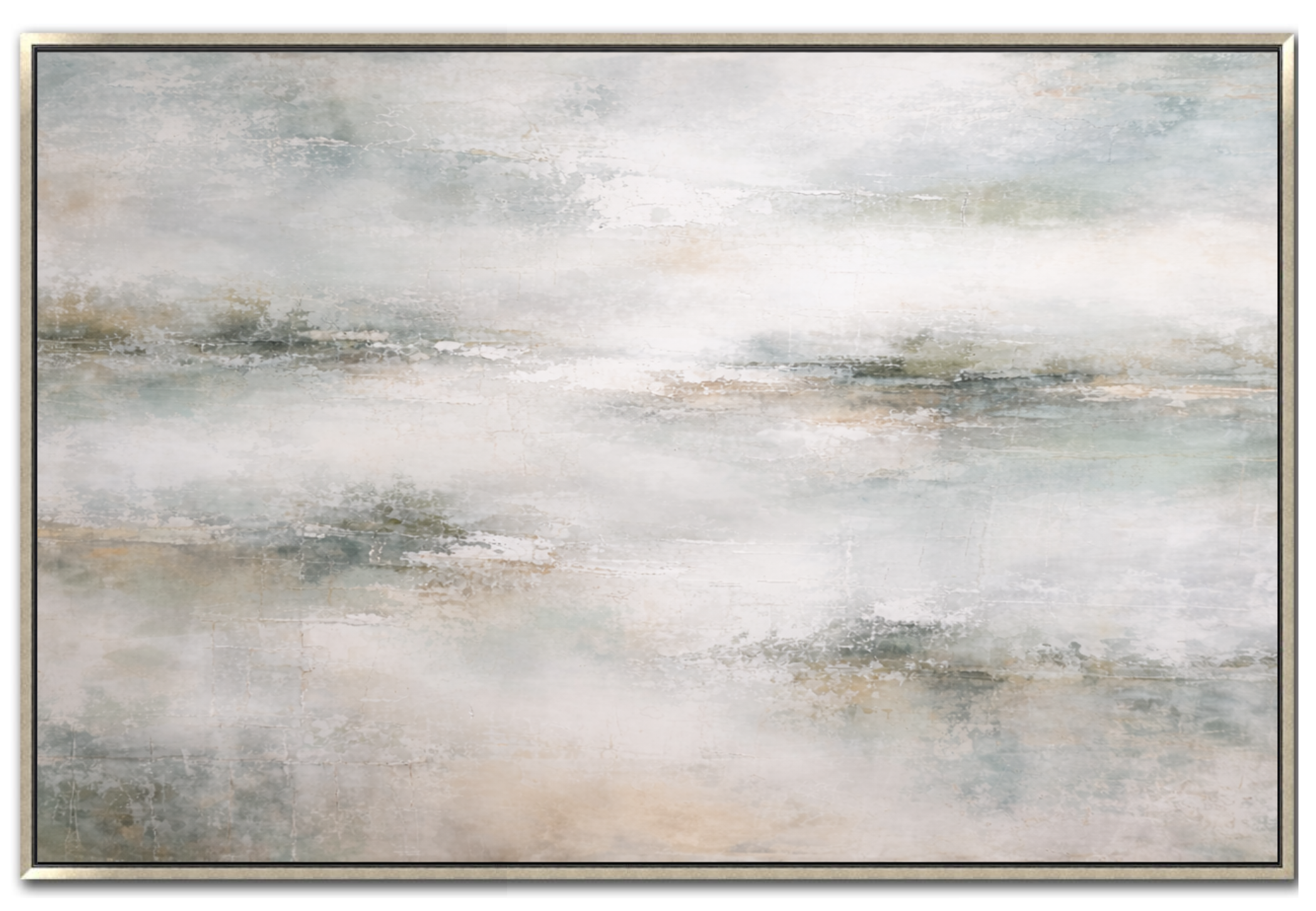 Large 48x72 inch horizontal abstract painting titled Coastal Haze. Features soft, misty horizontal washes of sage green, seafoam, and pale gold with a distressed, vintage-inspired texture on a warm cream background.