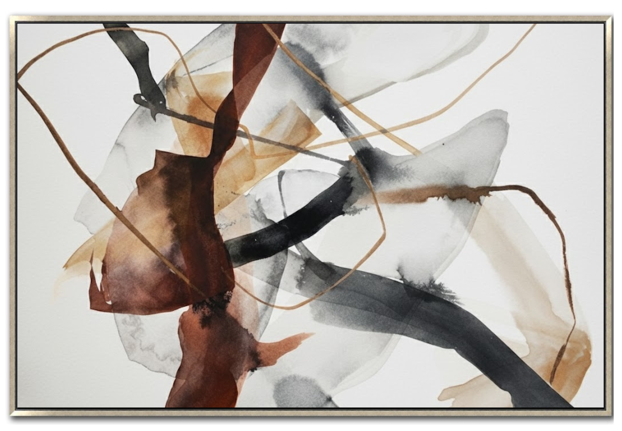 Large 48x72 inch horizontal abstract painting titled Crimson Vapor. Features translucent, overlapping washes of smoke grey, crimson red, and mahogany with fine gold gestural lines on a warm cream and bone-colored background.