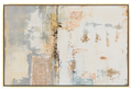 Large 48x72 inch vertical abstract painting titled Distressed Slate. Features a weathered, multi-layered surface of muted slate grey, antiqued parchment, and subtle oxidized copper accents with heavy distressing and raw, industrial textures.