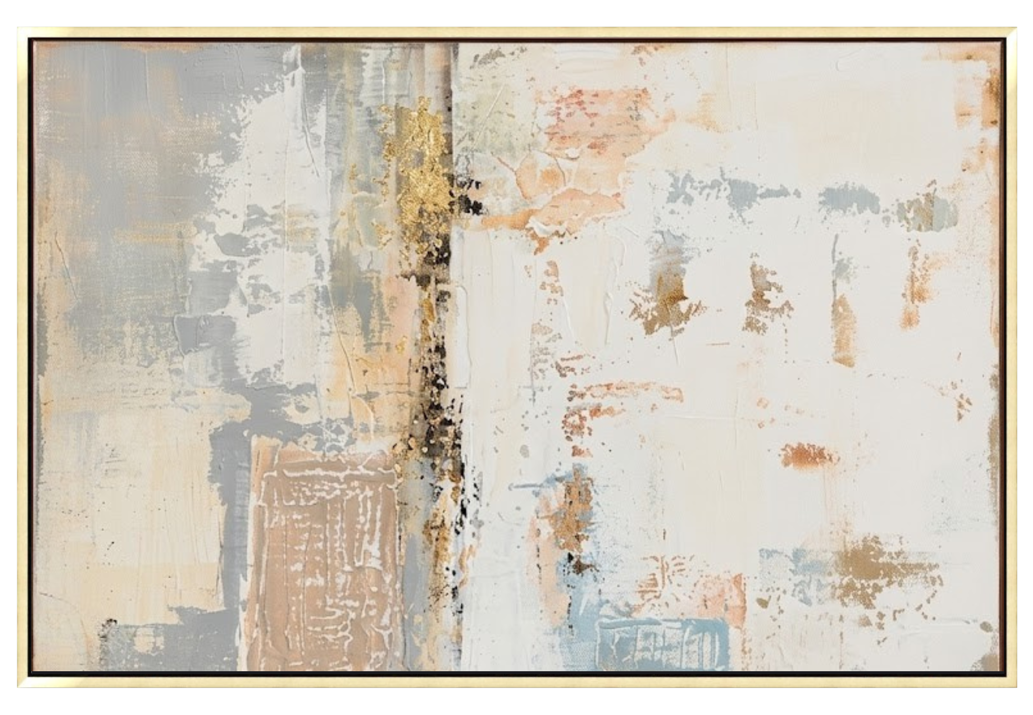 Large 48x72 inch vertical abstract painting titled Distressed Slate. Features a weathered, multi-layered surface of muted slate grey, antiqued parchment, and subtle oxidized copper accents with heavy distressing and raw, industrial textures.