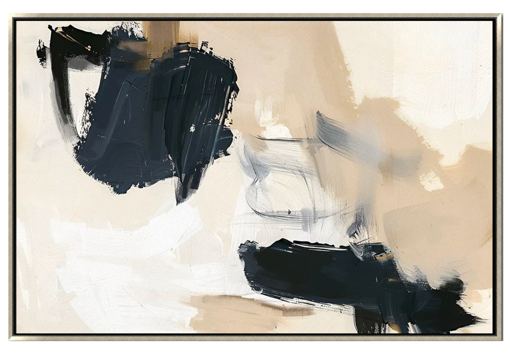Large 48x72 inch horizontal abstract painting titled Earthy Impulse. Features heavy, ink-like black impasto brushstrokes that sweep across a layered background of warm sienna-tan, cool grey, and bright white, creating a high-energy, high-contrast composition.