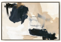 Large 48x72 inch horizontal abstract painting titled Earthy Impulse. Features heavy, ink-like black impasto brushstrokes that sweep across a layered background of warm sienna-tan, cool grey, and bright white, creating a high-energy, high-contrast composition.