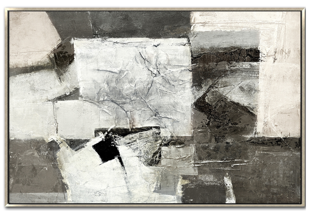 Large 48x72 inch vertical abstract painting titled Eclipse Shore. Features a sharp diagonal division between a heavily textured charcoal-black section and a bright, sculptural white and sand-toned section, creating a bold, high-contrast relief.