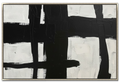 Large 48x72 inch horizontal abstract painting titled Ironwork Study. Features a high-contrast monochromatic composition with thick, black architectural strokes intersecting over a textured white and off-white background.