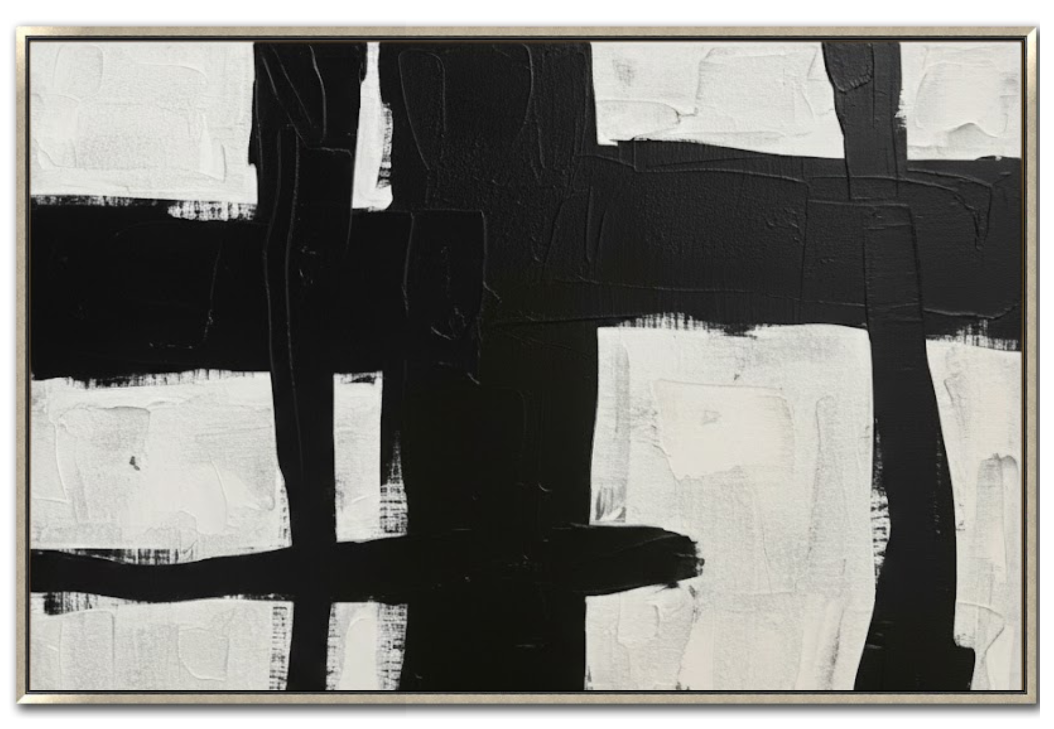 Large 48x72 inch horizontal abstract painting titled Ironwork Study. Features a high-contrast monochromatic composition with thick, black architectural strokes intersecting over a textured white and off-white background.