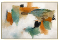 Large 48x72 inch horizontal abstract painting titled Mesa Mist. Features expansive, painterly blocks of deep forest green, golden ochre, and earthy terracotta red against a bright, luminous white background with visible brushwork.