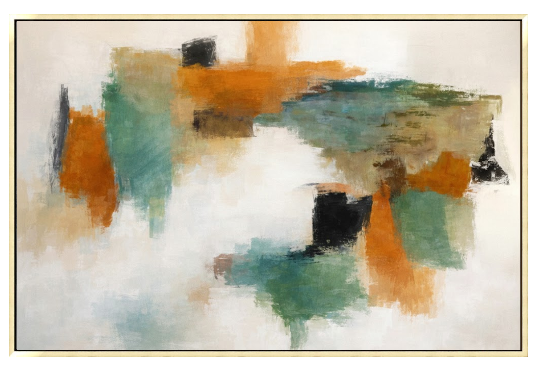 Large 48x72 inch horizontal abstract painting titled Mesa Mist. Features expansive, painterly blocks of deep forest green, golden ochre, and earthy terracotta red against a bright, luminous white background with visible brushwork.