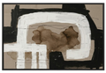 Large 48x72 inch vertical abstract painting titled Mocha Bloom. Features a central, organic wash of warm mocha and sepia tones, dramatically framed by heavy, sculptural blocks of off-white and charcoal-black impasto with visible palette knife marks.